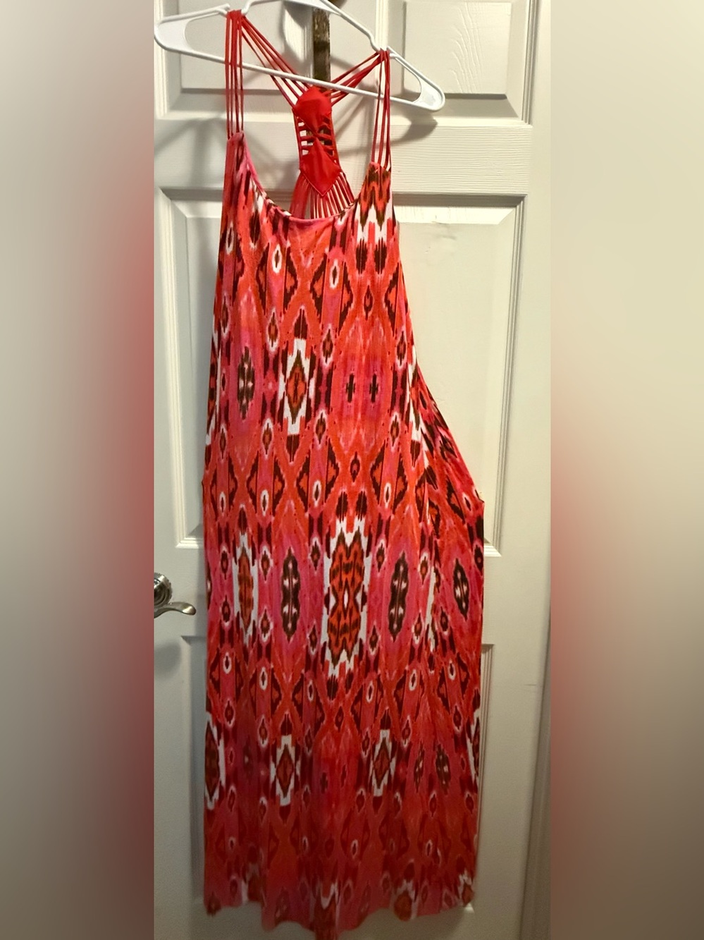 Cynthia Rowley Red, Pink & Orange Strappy Ikat Maxi Dress